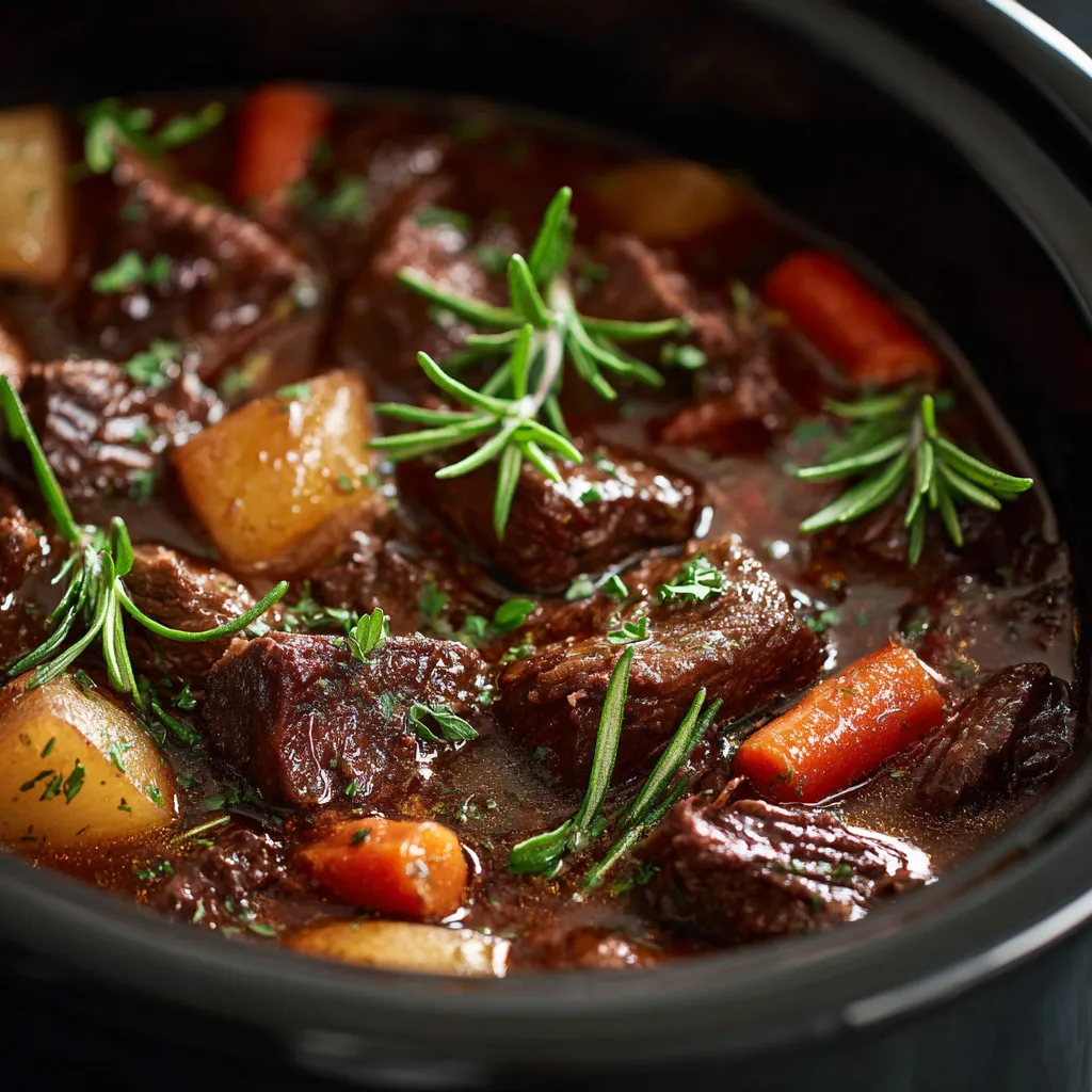 A pot of beef stew with carrots and herbs.