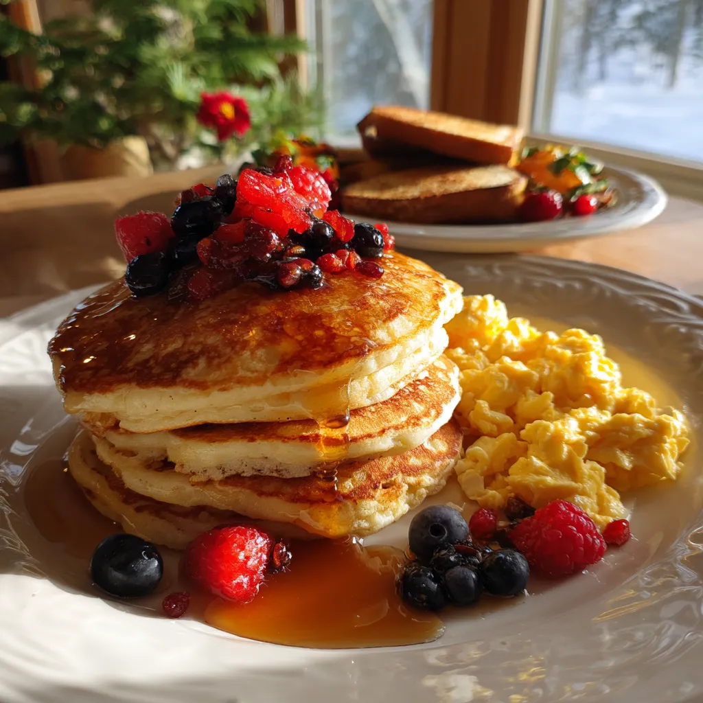 A plate of pancakes with berries on top.