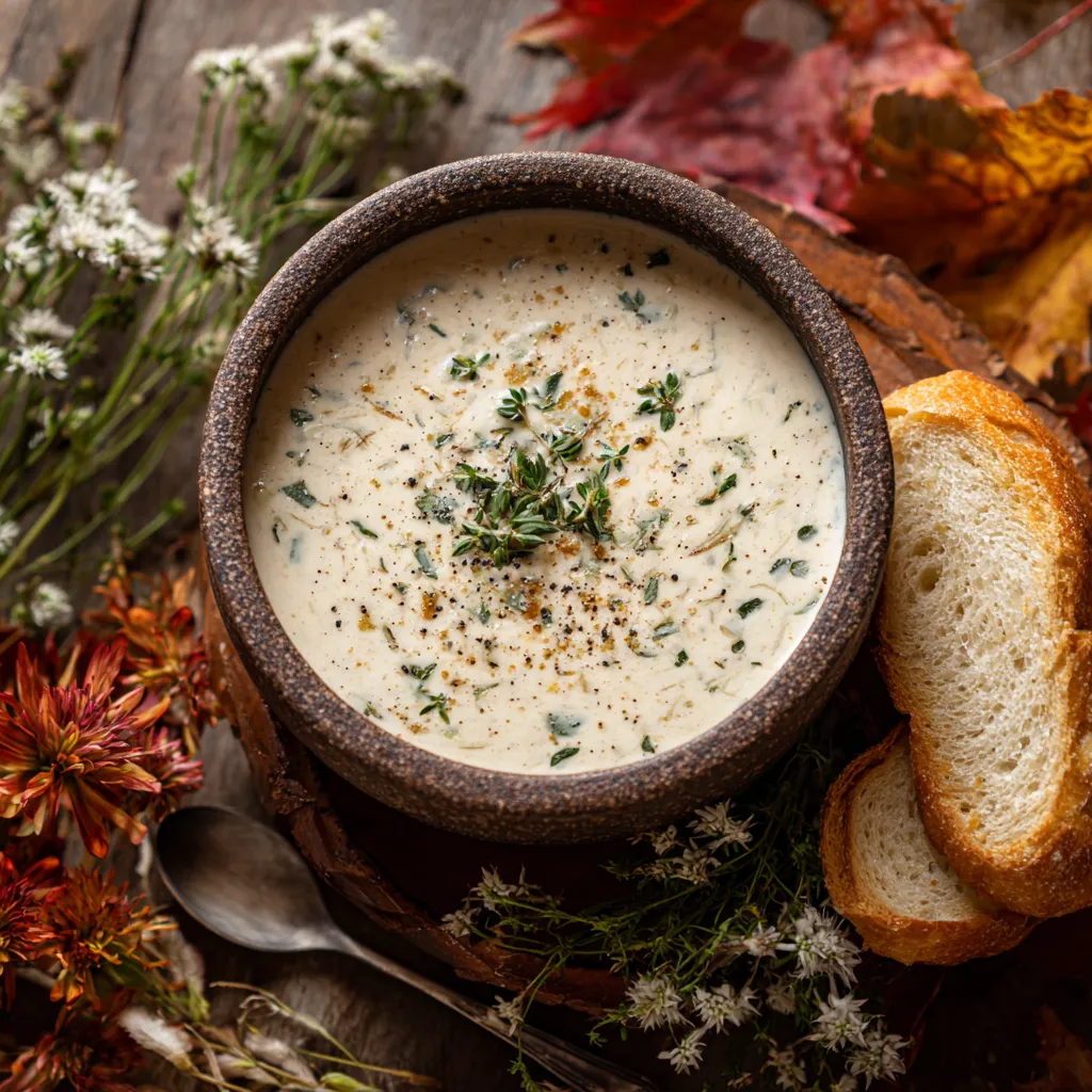A bowl of soup with bread and flowers.