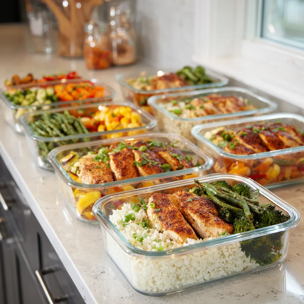 A counter with several containers of food.