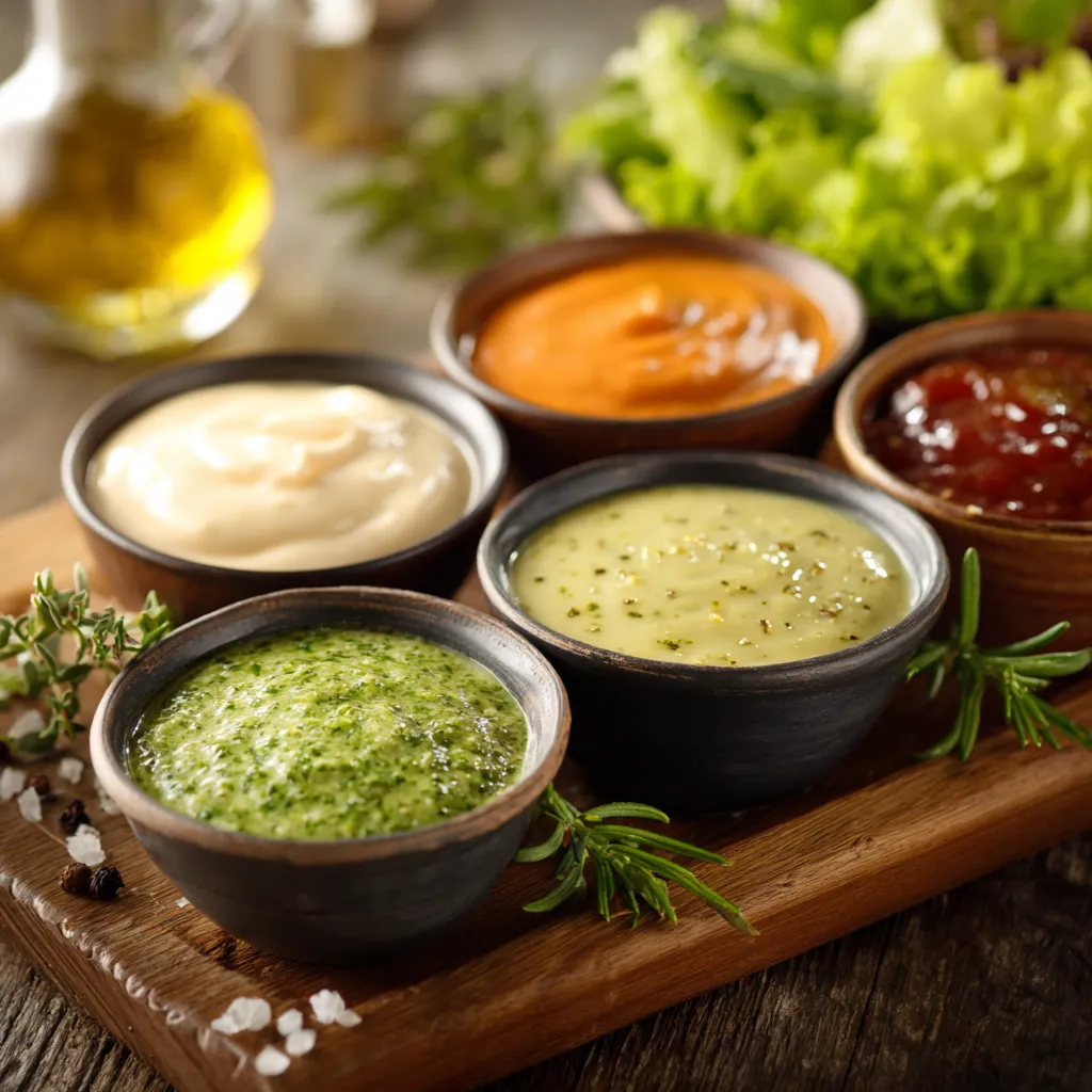 A wooden tray with four bowls of sauce.