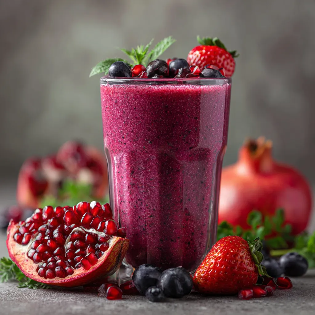 A glass of blueberry smoothie with strawberries and raspberries.
