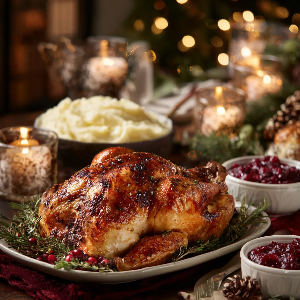 A roasted chicken with potatoes and gravy.