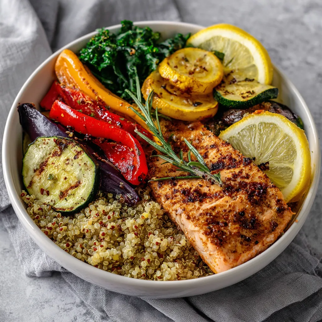 A bowl of food with fish, vegetables, and lemon wedges.
