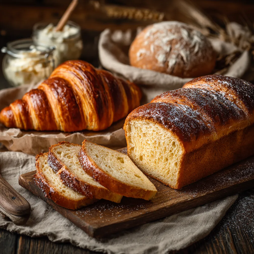 A loaf of bread and a croissant on a table.