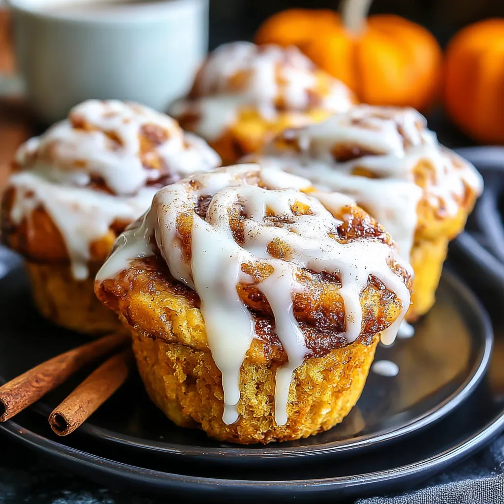 Three muffins with cinnamon rolls and pumpkin.