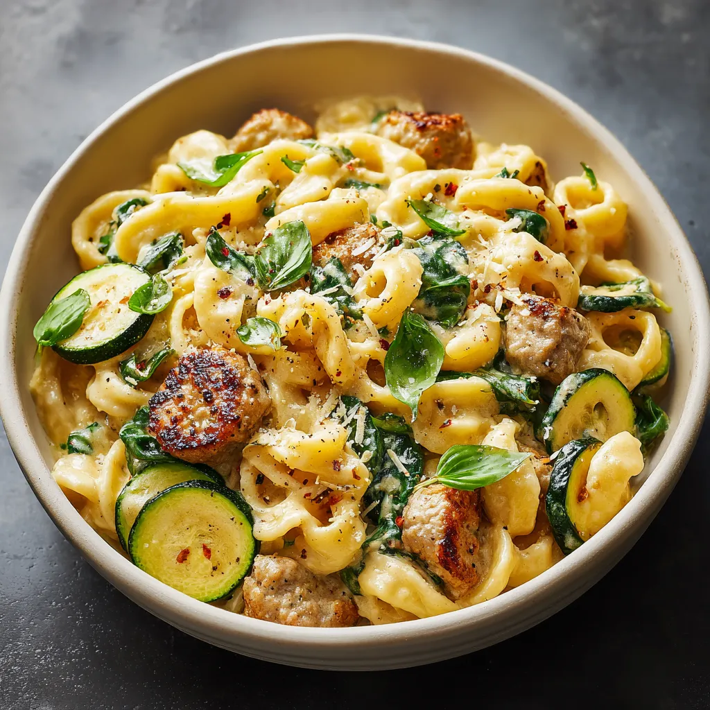 A bowl of pasta with meat and vegetables.