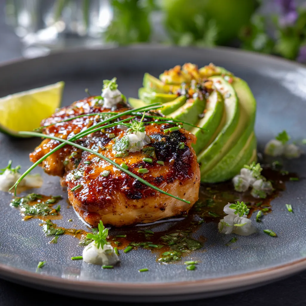 A plate of food with chicken and avocado.