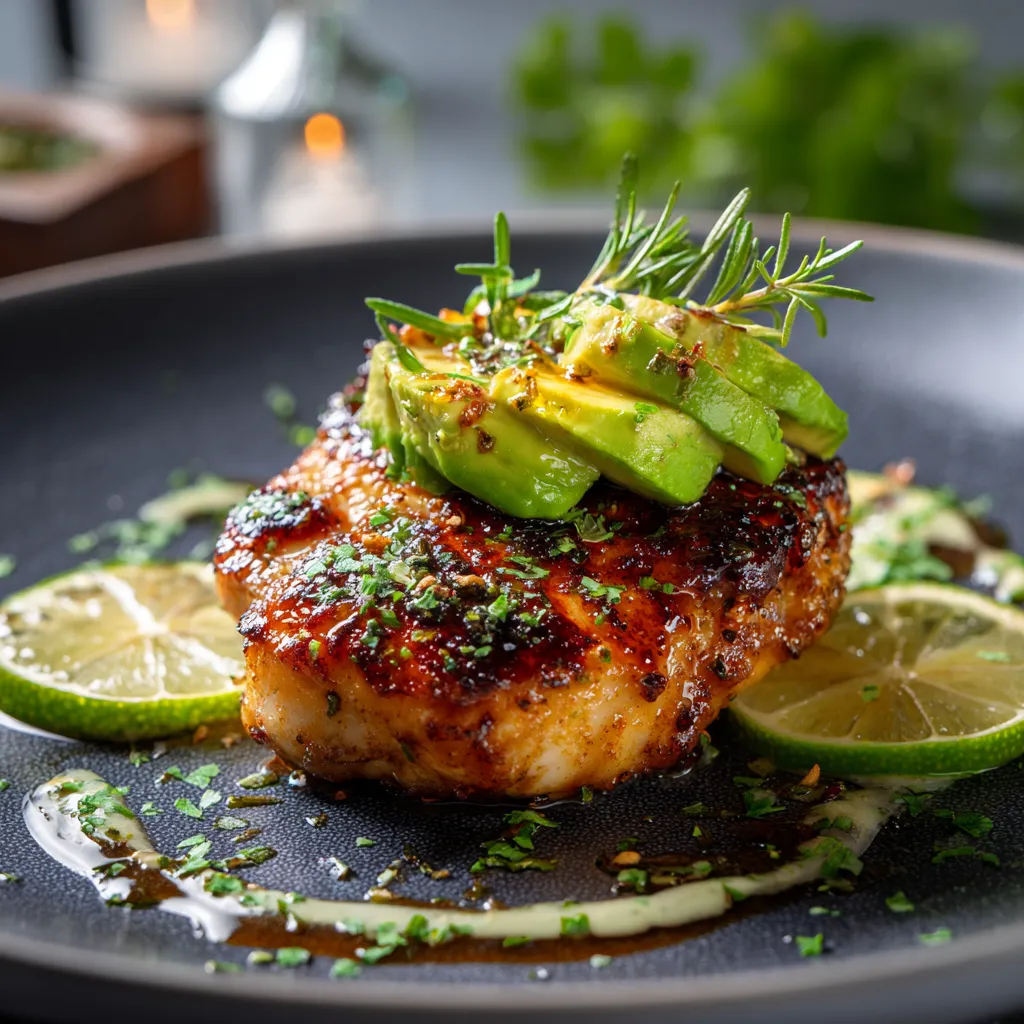A plate of chicken with avocado and lime.
