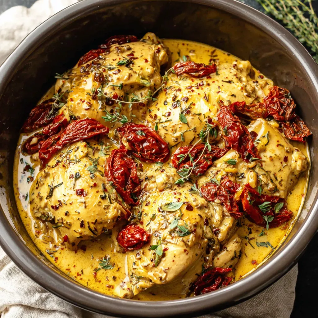 A bowl of chicken with red peppers and spices.