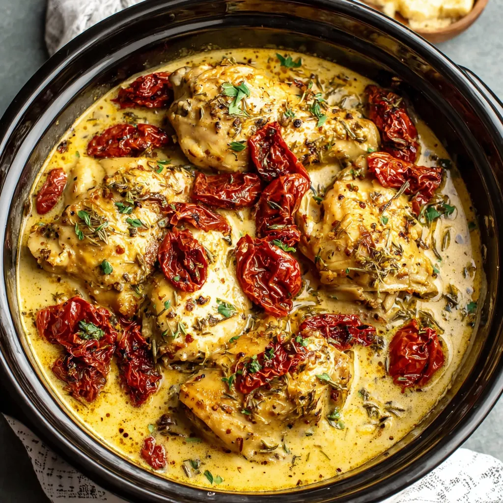 A bowl of chicken with tomatoes and herbs.