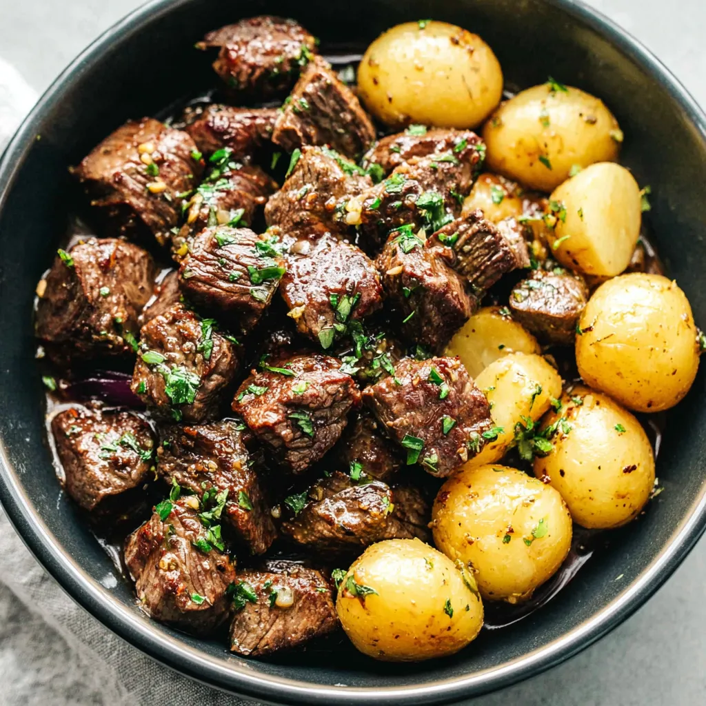 A bowl of beef and potatoes.