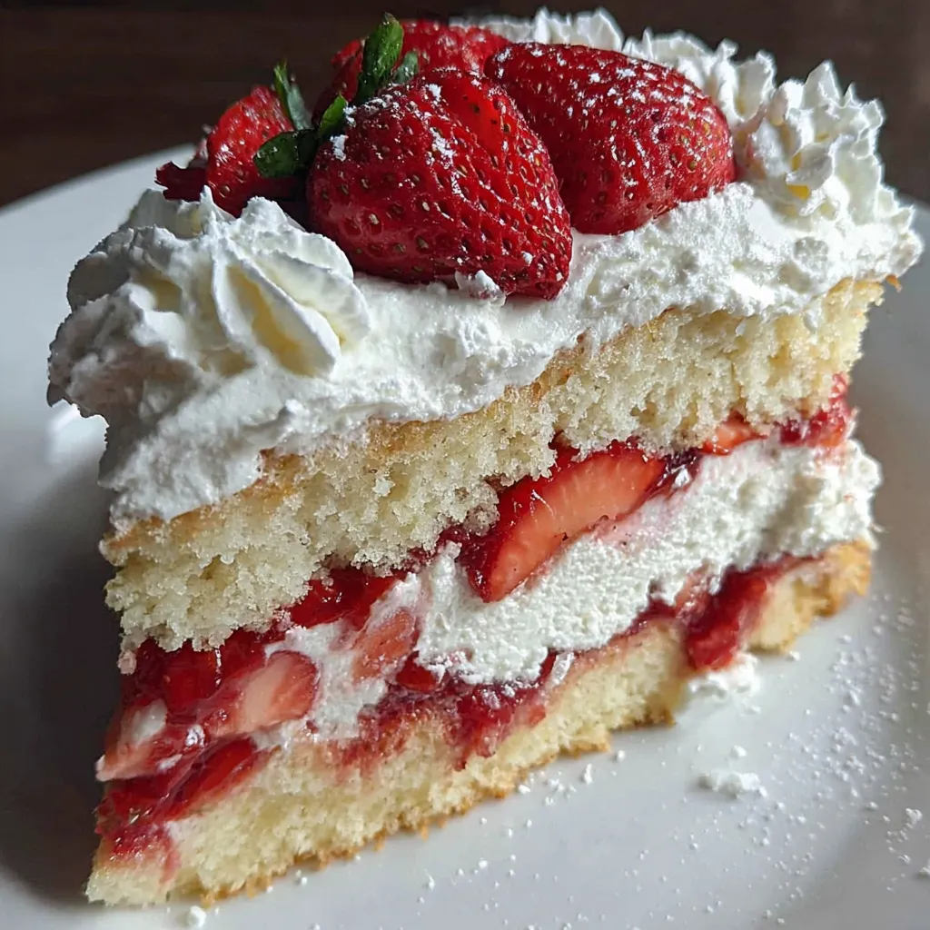 A slice of strawberry shortcake cake.