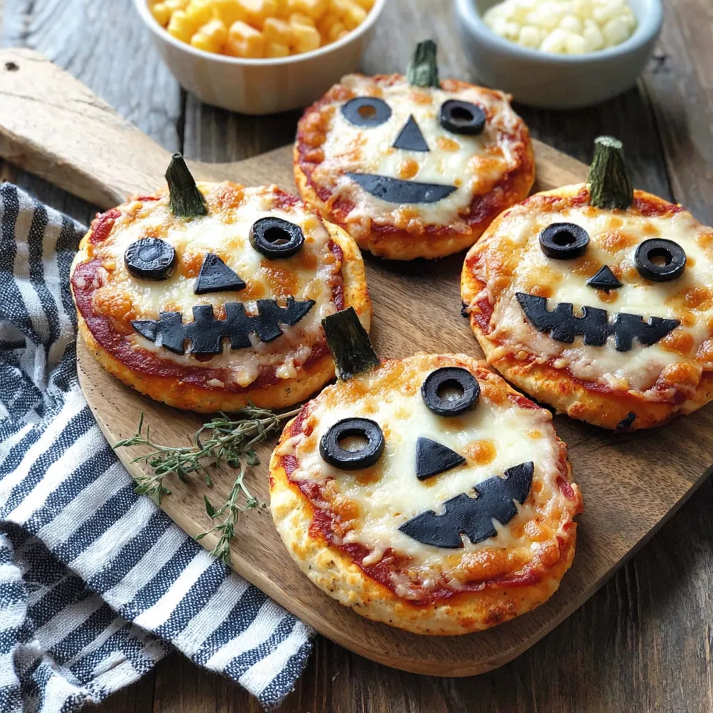 Three mini pizzas with faces on them.