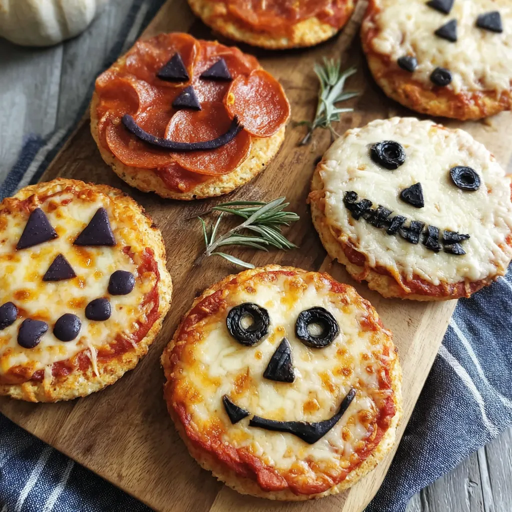 A wooden cutting board with four mini pizzas on it.