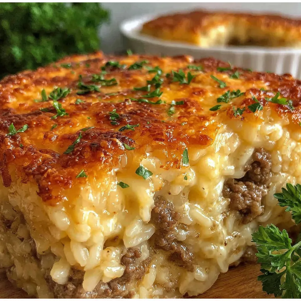 A cheesy ground beef rice casserole.