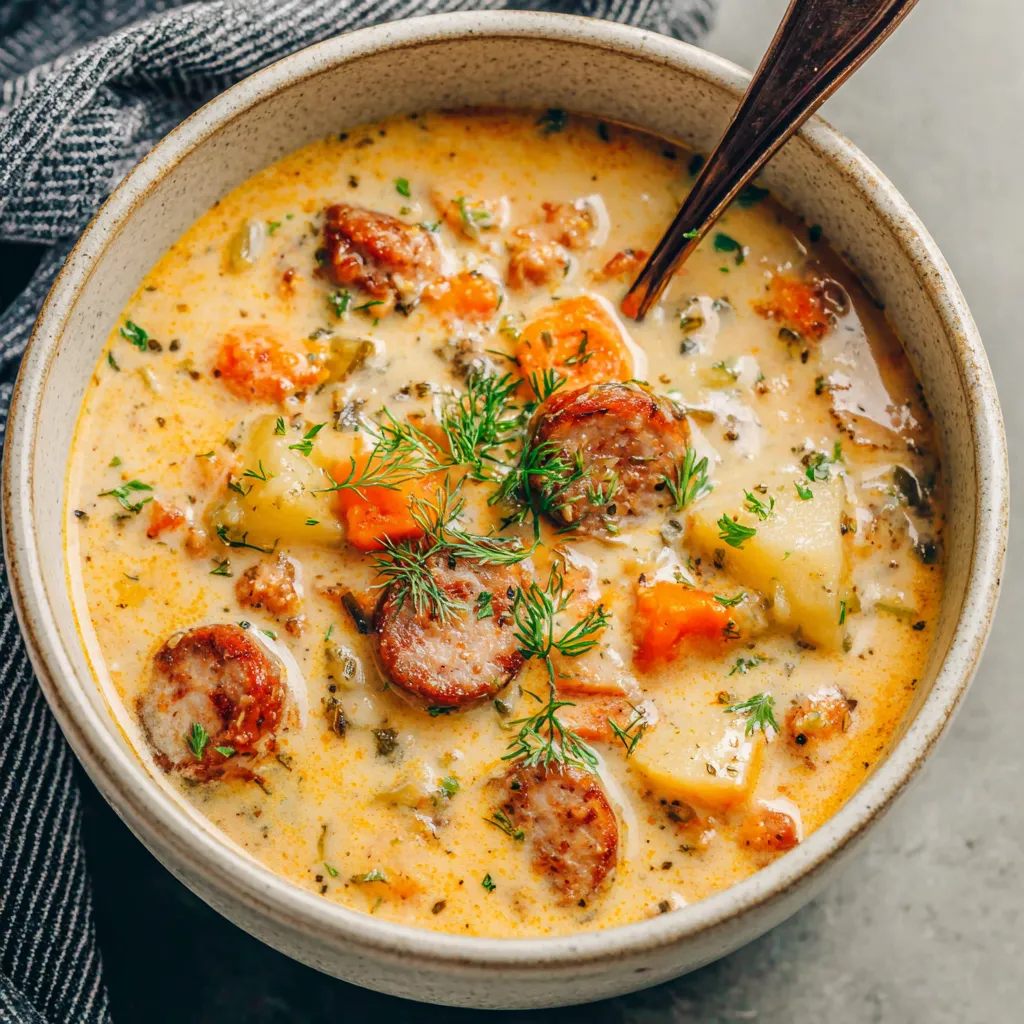 A bowl of soup with sausage and carrots.