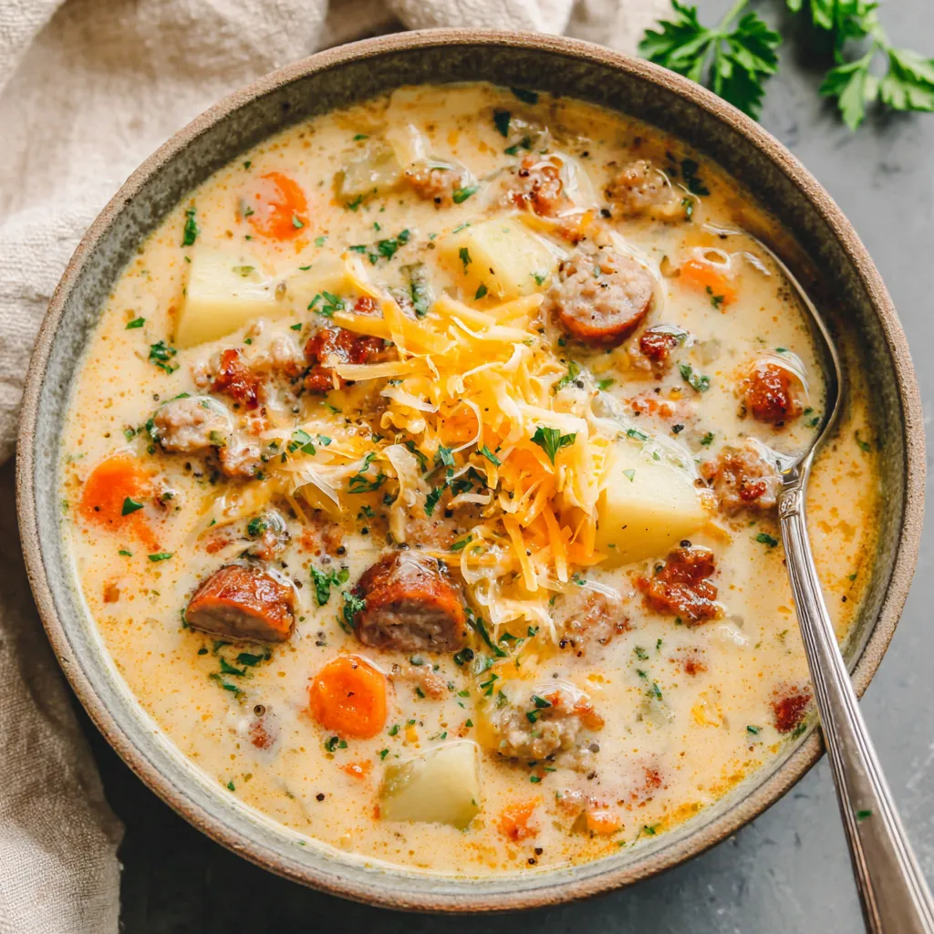 A bowl of creamy sausage potato soup.