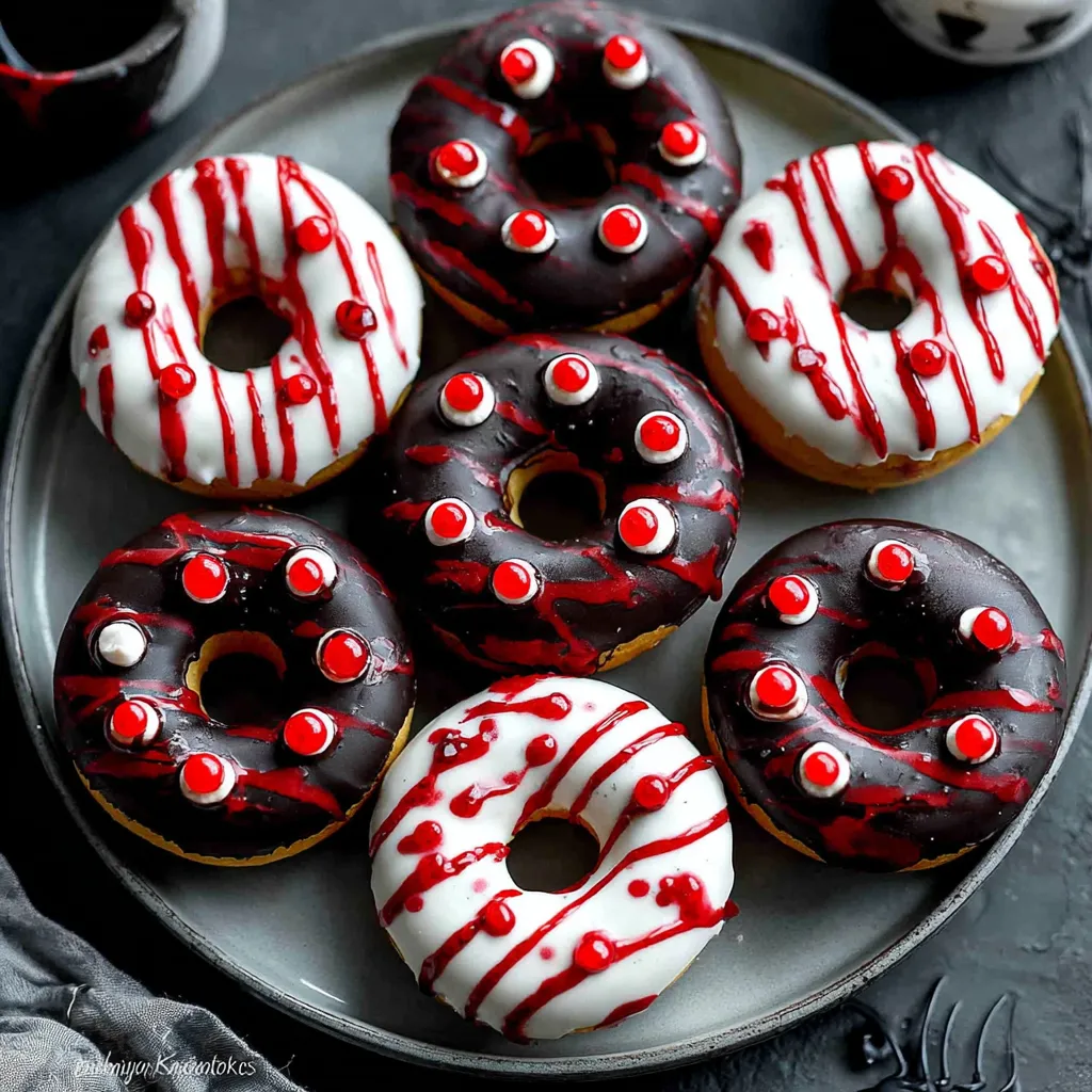 A plate of donuts with red and white icing and red and white sprinkles.