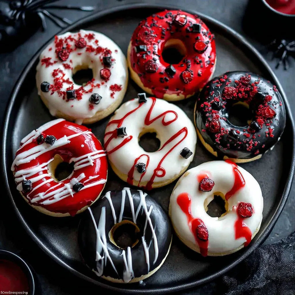 A plate of donuts with red frosting and black frosting.