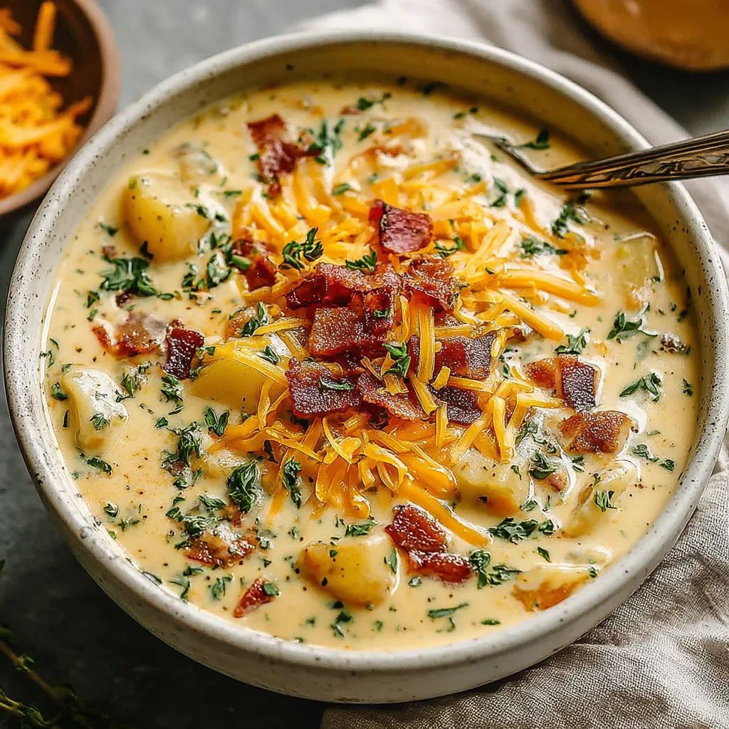 A bowl of soup with bacon and cheese.