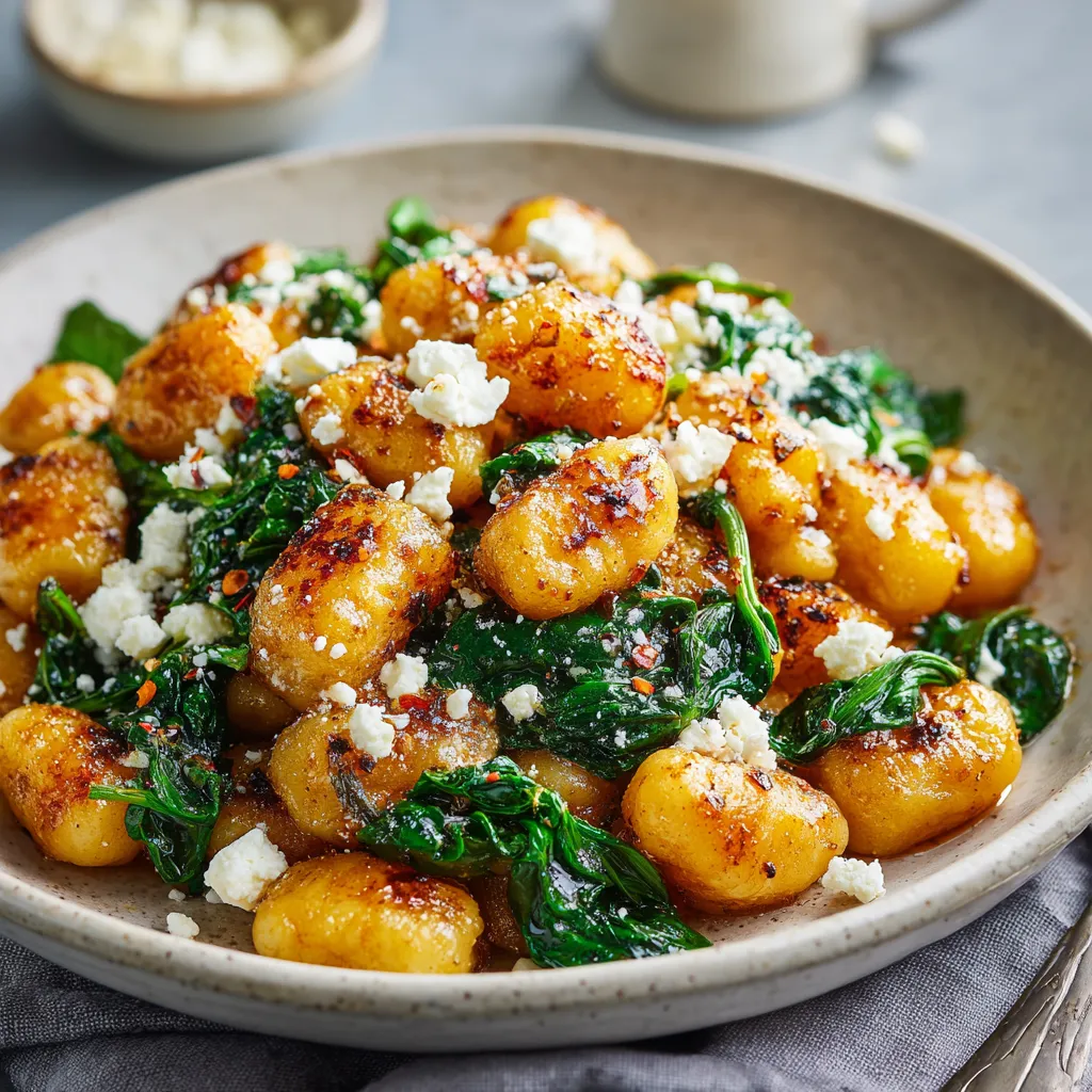 A bowl of crispy gnocchi with spinach and feta.