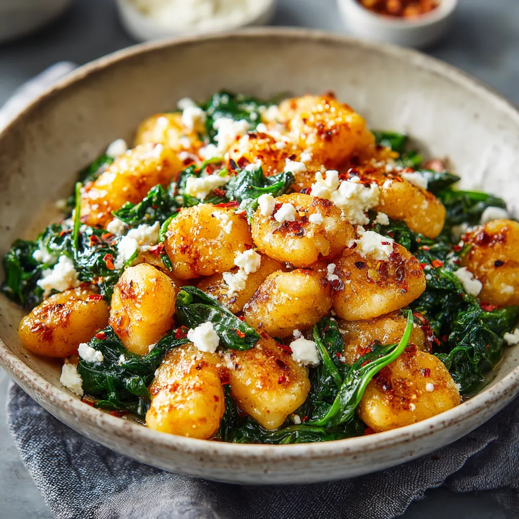 A bowl of crispy gnocchi with spinach and feta.