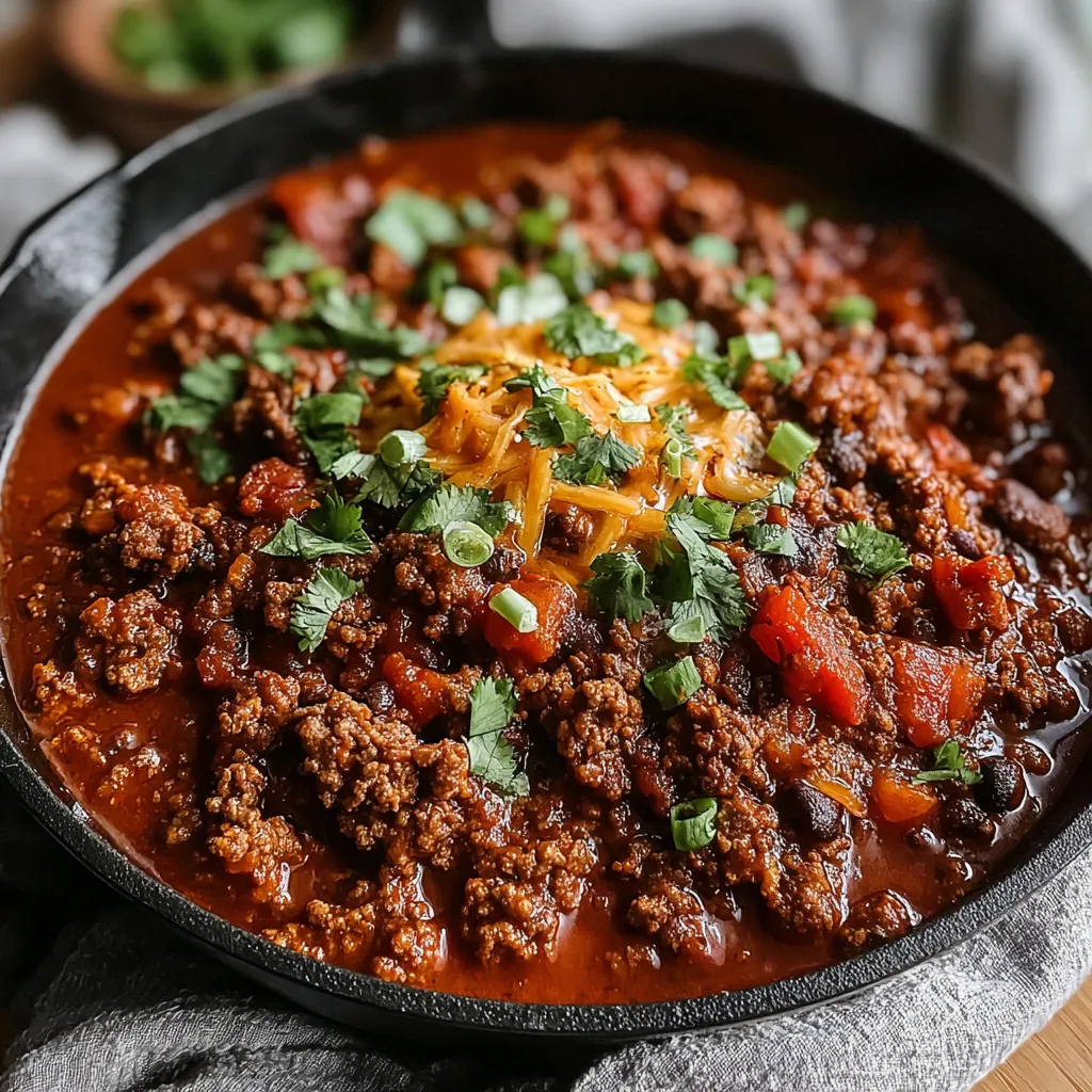 A bowl of chili with ground beef.