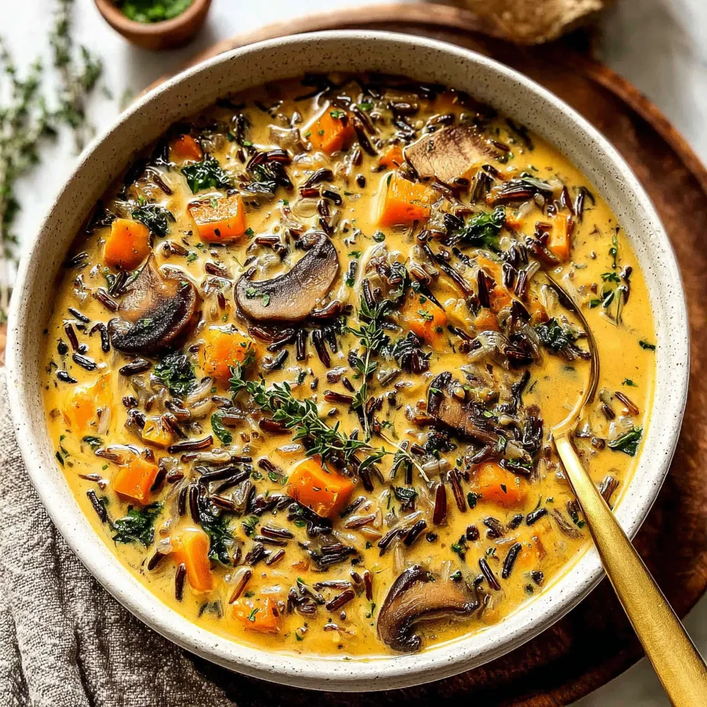 A bowl of soup with rice and mushrooms.
