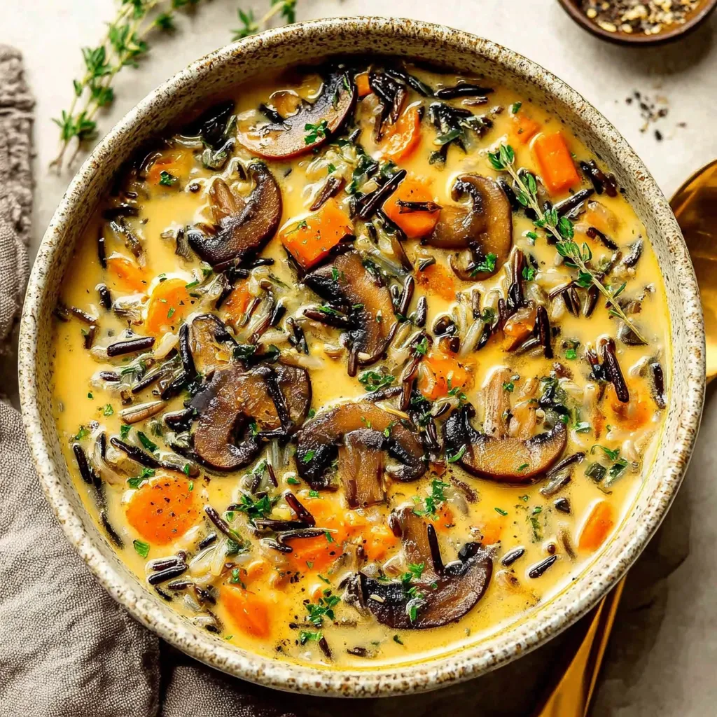 A bowl of soup with mushrooms and rice.