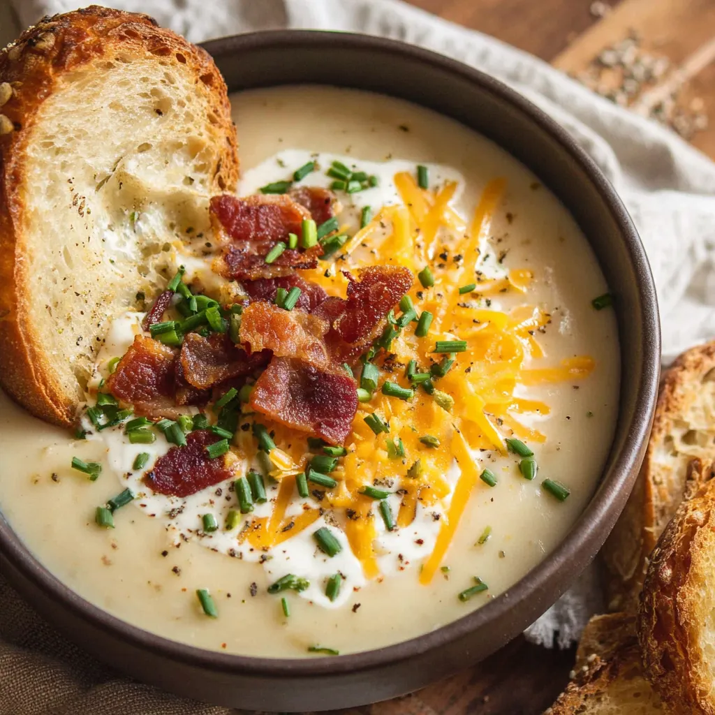 A bowl of cheesy potato soup with bacon bits on top.
