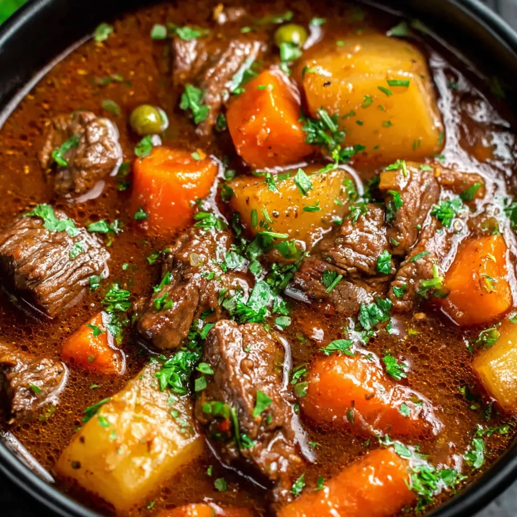 A close up of a crockpot filled with a beef stew.