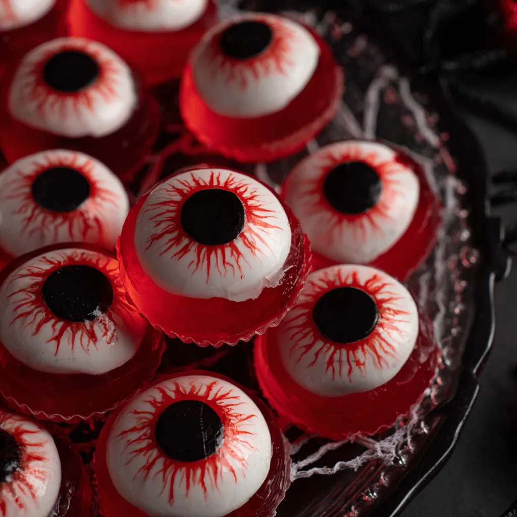 A plate of red jello shots with black eyes.