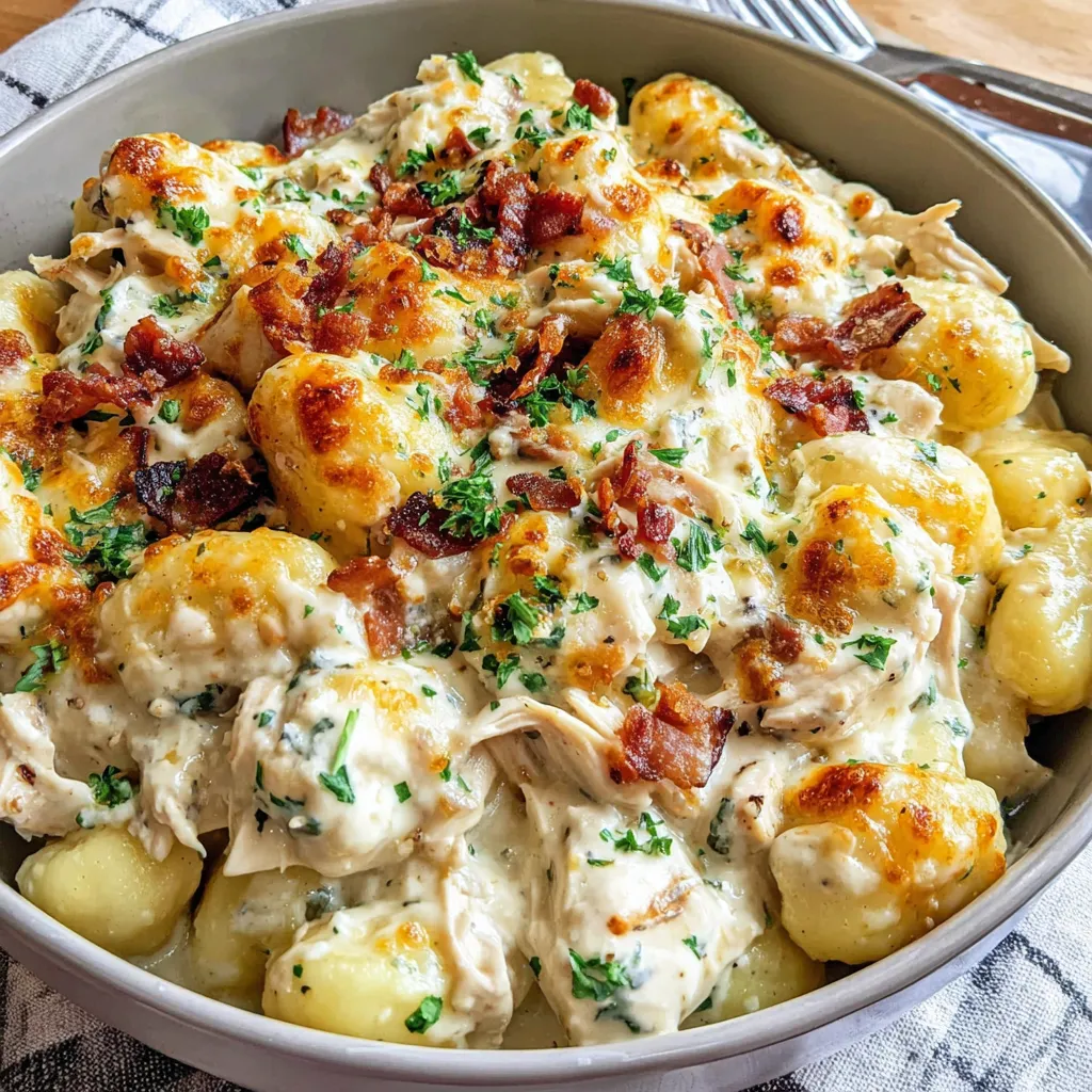 A bowl of rich and creamy chicken gnocchi dinner.
