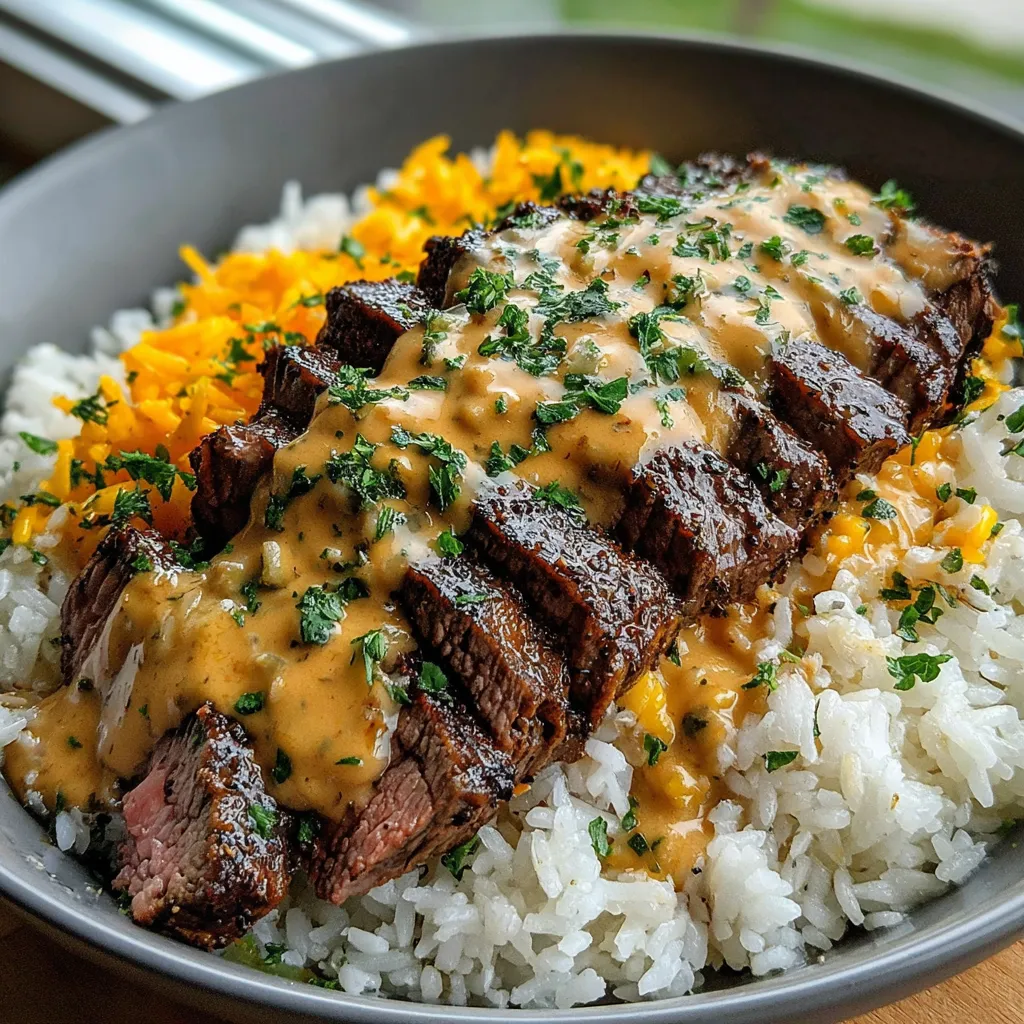 A bowl of rice with steak and cheese on top.