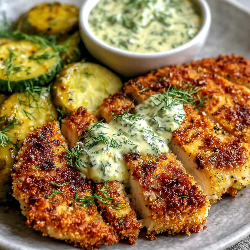 A plate of chicken with a white sauce and pickles.