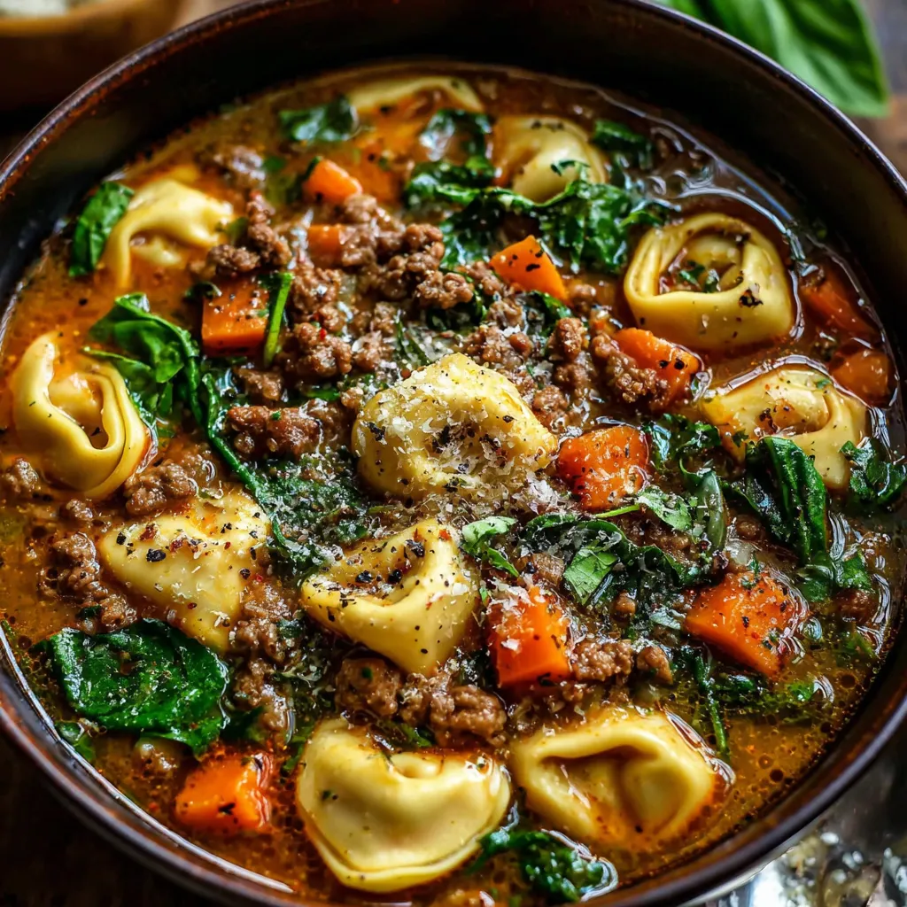 A bowl of soup with pasta and meat in it.