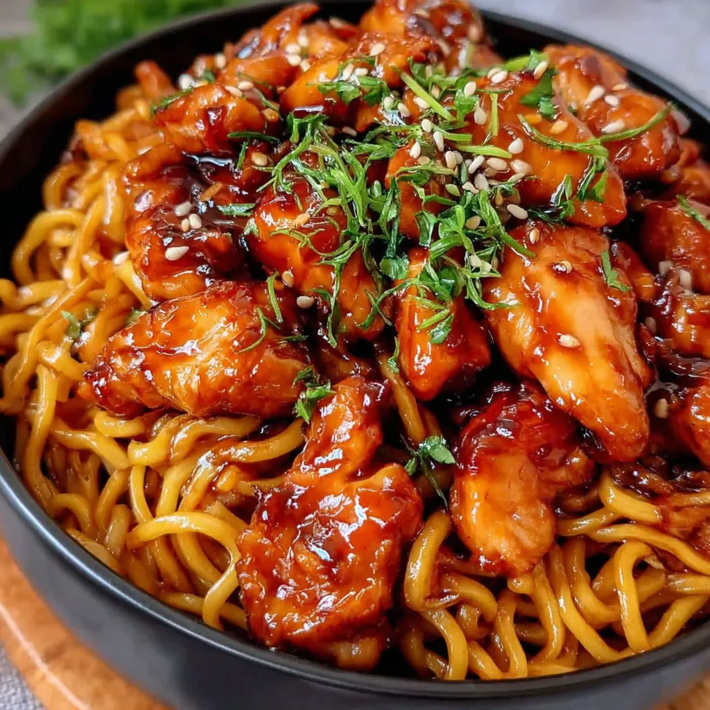 A bowl of chicken noodles with honey garlic sauce.