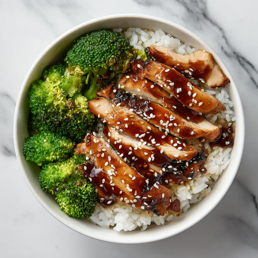 A bowl of food with rice, chicken, and broccoli.