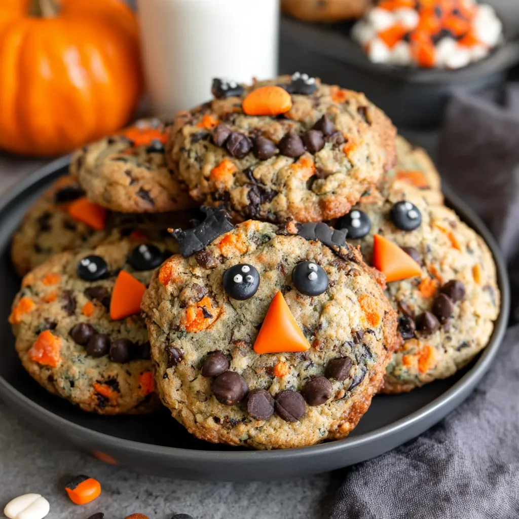 A plate of chocolate chip cookies with a face drawn on them.