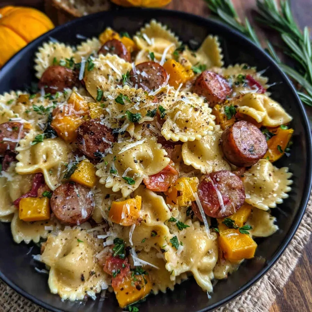 A bowl of pasta with sausage and squash.