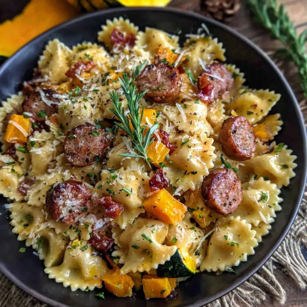 A bowl of pasta with sausage and squash.