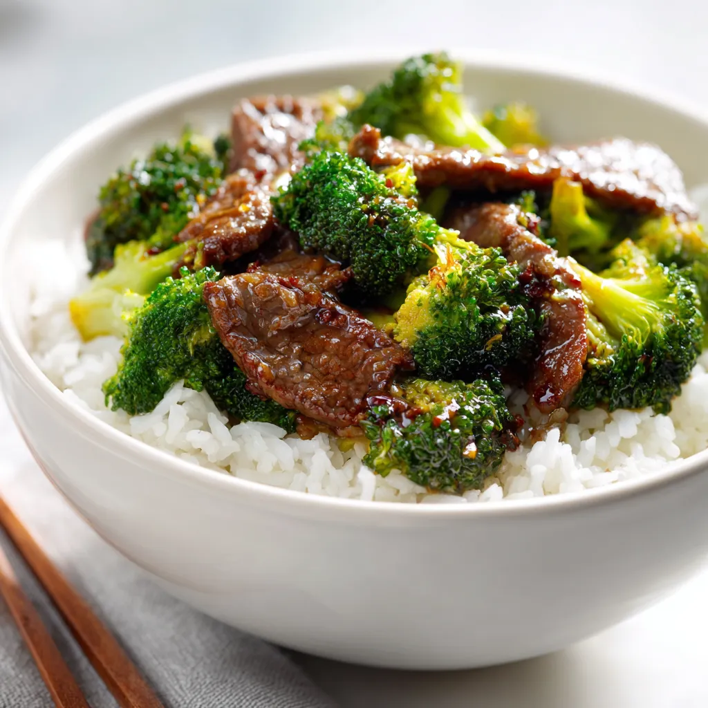 A bowl of beef and broccoli with rice.