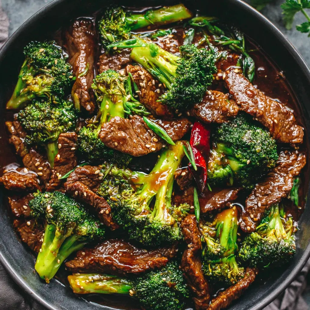 A bowl of beef and broccoli.