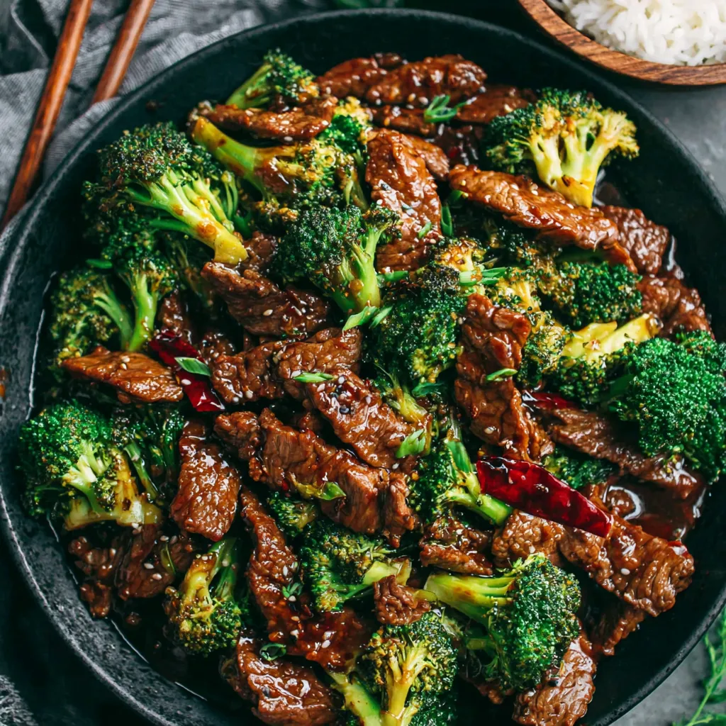 A plate of beef and broccoli with a spoon on the side.