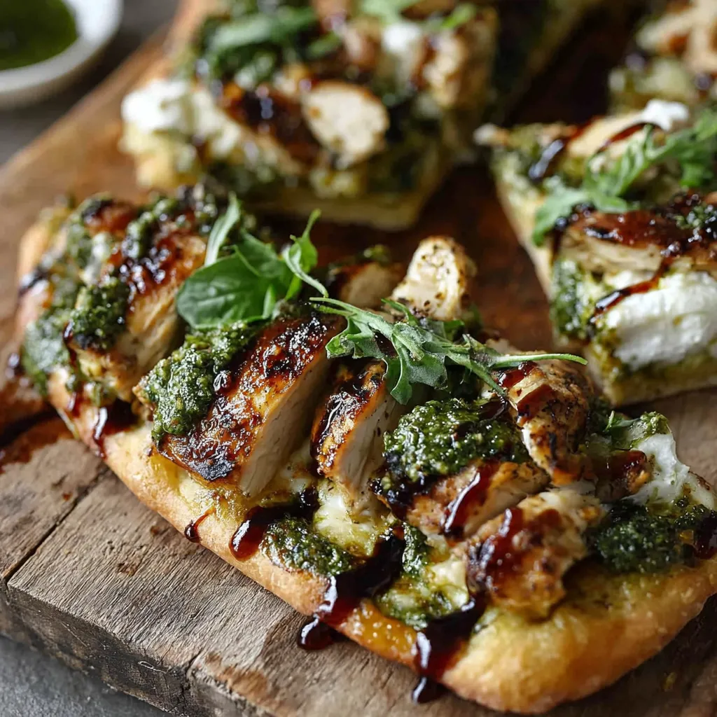 A pesto chicken flatbread on a wooden table.