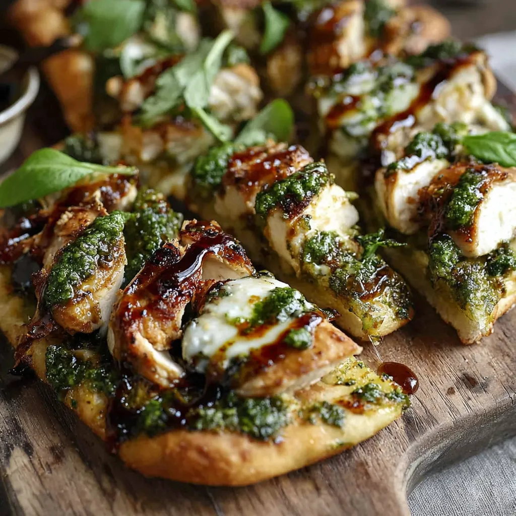 A pesto chicken flatbread on a wooden cutting board.