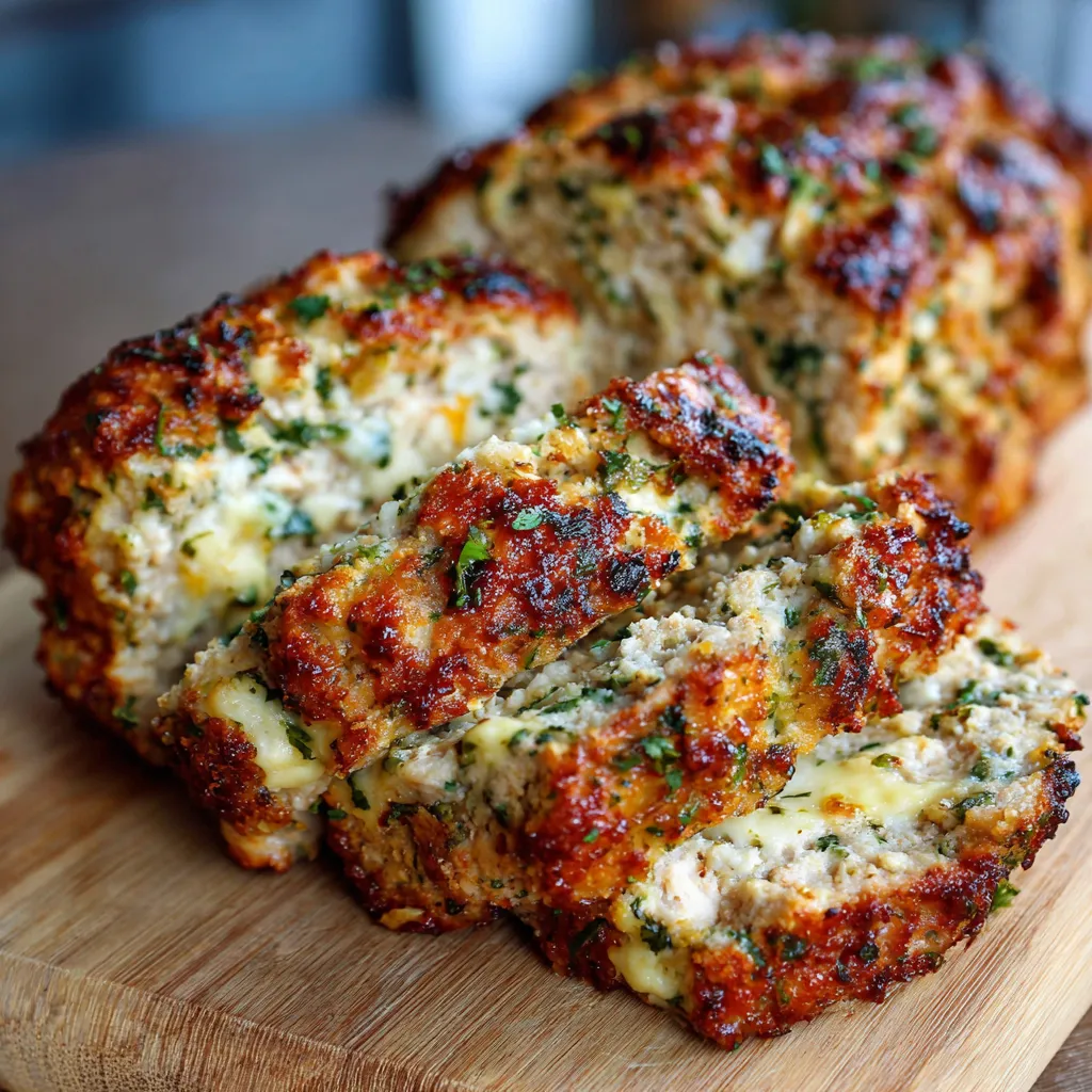 A piece of garlic Parmesan chicken meatloaf.