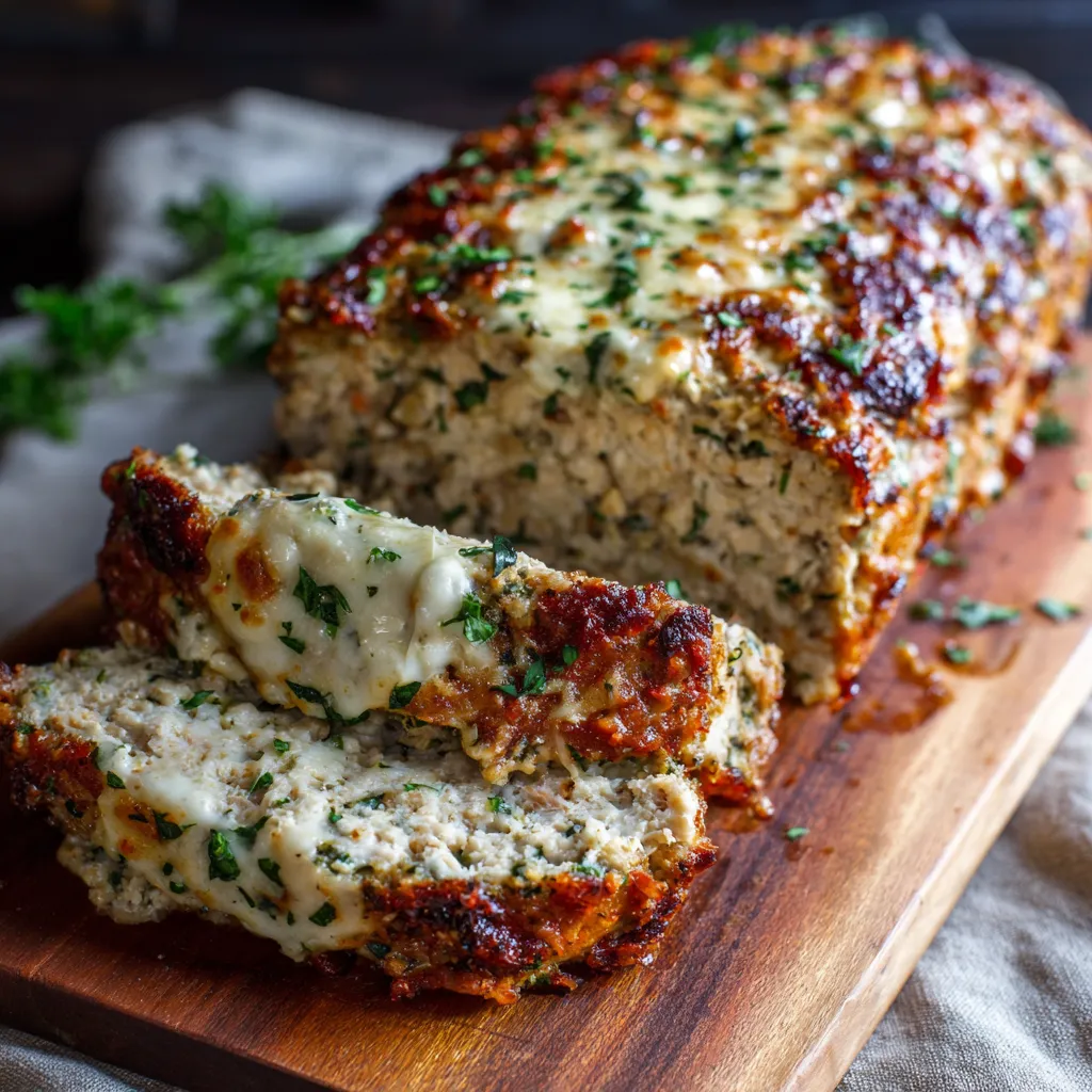 A piece of garlic Parmesan chicken meatloaf.