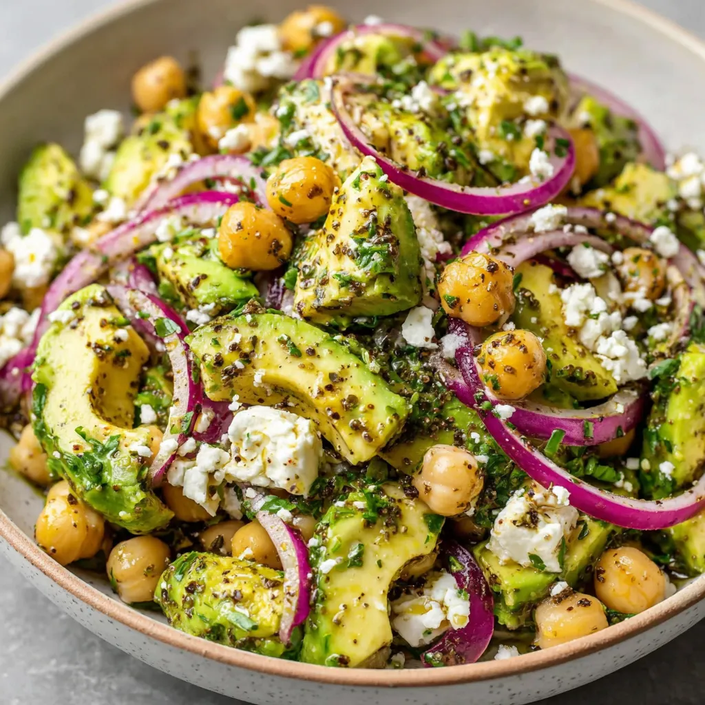 A bowl of chickpea feta avocado salad.
